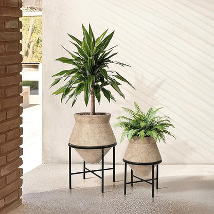 LuxenHome Planters for Indoor Plants, Set of 2 Indoor Plant Pots, Novelty Decorative Planters with Black Metal Stands, Distressed Cachepot Cauldron Large Floor Flower Pot for Home Office, 11 & 16 Inch