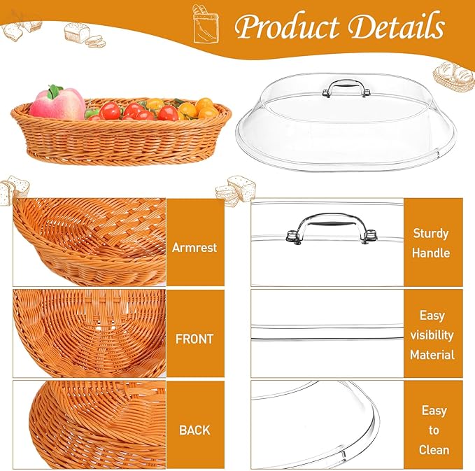 Hushee 2 Set Imitation Rattan Bread Basket with Lid Wicker Bread Baskets for Serving Woven Fruit Basket with Cover Oval Food Baskets for Food Vegetables Display(13.78 x 9.84 Inch)