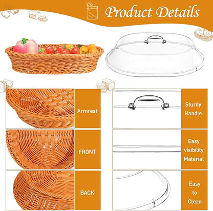 Hushee 2 Set Imitation Rattan Bread Basket with Lid Wicker Bread Baskets for Serving Woven Fruit Basket with Cover Oval Food Baskets for Food Vegetables Display(13.78 x 9.84 Inch)