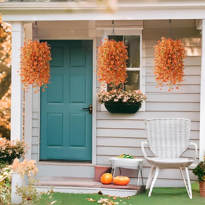 Artificial Fall Fake Flowers for Outdoor, 2 Pcs Fake Mums Faux Hanging Flowers Outdoor Fall Decor, UV Resistant Silk Flower for Front Door Porch Planters Patio Yard Garden(Orange Sunset Red)