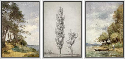 Ashbrook Framed Canvas Print Wall Art Set Forest Tree Lake Nature Wilderness Illustrations Fine Art Decorative Floral Botanical Garden Vintage for Living Room, Bedroom, Office - 24"x36"x3 White