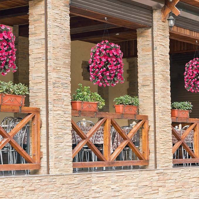 Artificial Flowers in Hanging Basket for Outdoors Indoors Decor, Artificial Mums Bush Flowers Plants with Baskets for Home Porch Garden Yard Patio Spring Summer Decoration (Rose Red)