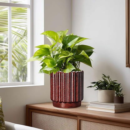 Ceramic Pots for Plants - 7.6 Inch Indoor Planter, Decorative Plant Pots with Drainage Hole, Fluted Ceramic Flower Pots, Round Planter Outdoor, Patio Decor, Gifts for Plant Lovers, Red