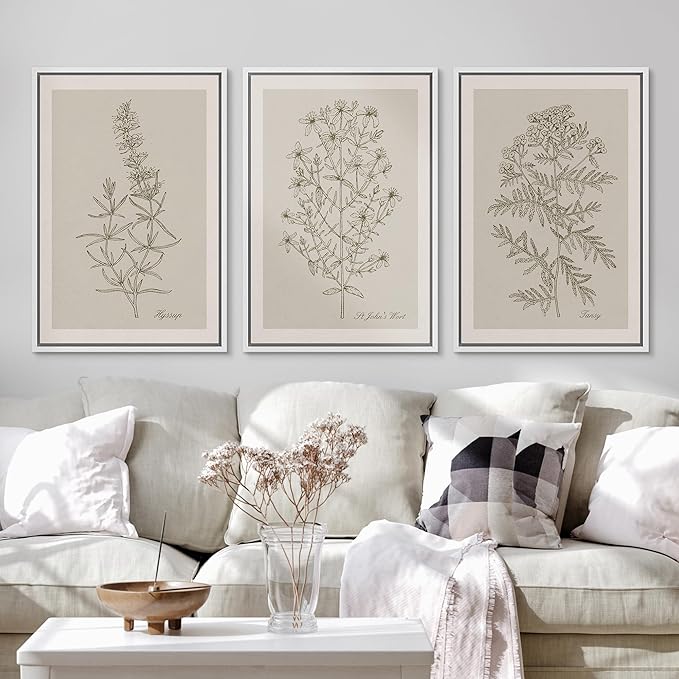 Ashbrook Framed Canvas Print Wall Art Set Duotone Vintage Flowers Nature Wilderness Illustrations Modern Art Decorative Floral Botanical Minimal Calm/Relax/Cozy for Bedroom - 16"x24"x3 WHITE