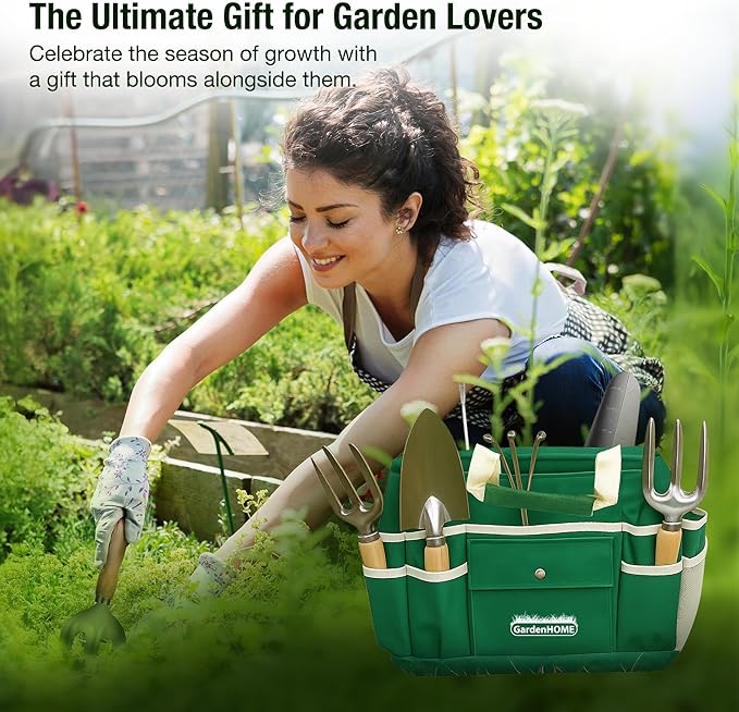 GardenHOME 7-Piece Gardening Tool Set – Stainless Steel Tools with Wooden Handles, Folding Stool & Canvas Tote, Durable Garden Kit for Women and Beginners
