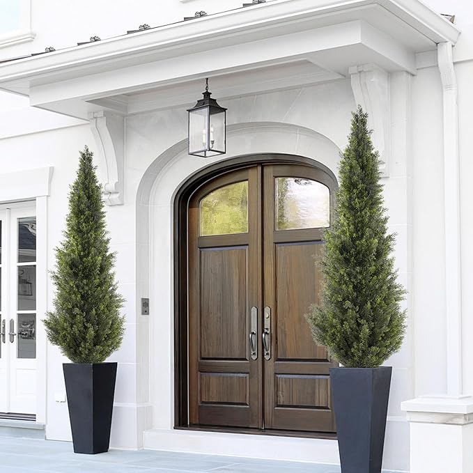 6FT Artificial Cedar Topiary Trees, Set of 2 Realistic Outdoor Indoor Fake Potted Plants with Planter, UV Resistant for Porch, Garden, Balcony, Patio & Office Decor
