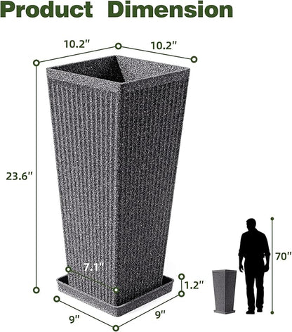 Square Tall Planters for Outdoor Plants Set of 2-23.6" Heavy-Duty Classic Tapered Indoor Flower Pots with Drainage Holes/Partition/Tray, Large Outdoor Planters for Porch Patio Garden, Grey