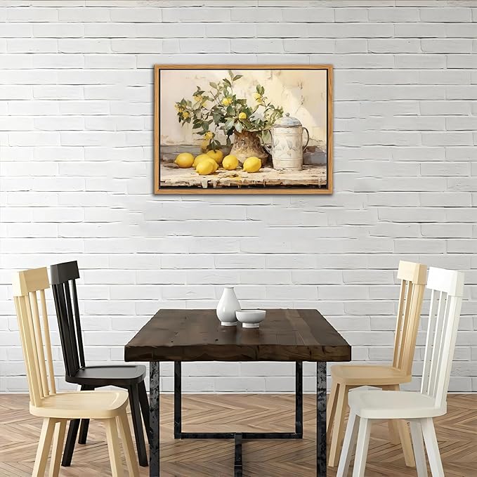 Floating Framed Vintage Kitchen Wall Art, Yellow Lemon Still Life Wall Decor Oil Paintings, Rustic Farmhouse Artwork Posters Prints Pictures for Living Room Bedroom Home Decor 16x24 Inch