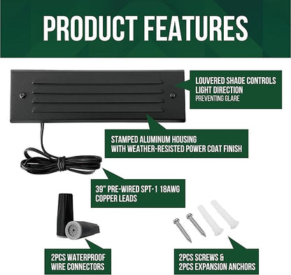 GKOLED Low Voltage LED Step Lights, 4W 12V Surface Mount Light with Horizontal Louvered Faceplate, Steps Decks Pathway Stairs, 2700K IP65, Die-cast Aluminum, Black Powder Coated Finish, 2 Pack