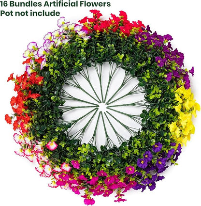 Artificial Faux Flowers for Outdoor 16 Bundles Boxwood Fake Morning Glory for Planter,UV Resistant Fake Flowers for Home Porch Patio Outside（8 Color）