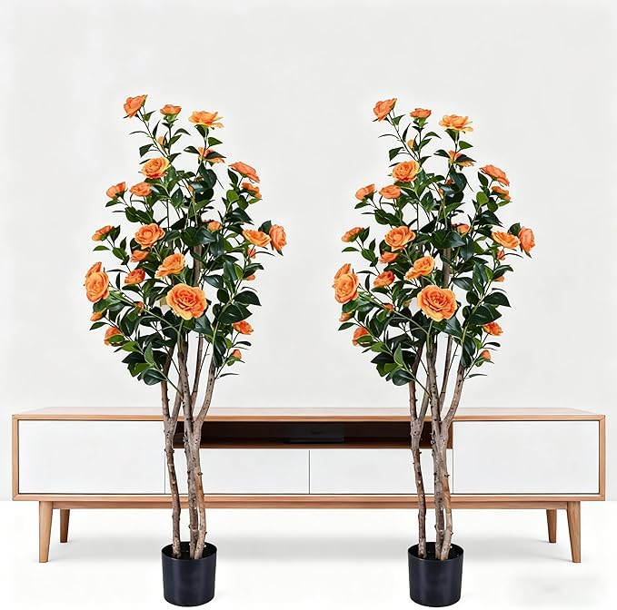 2pc 5ft Decorative Artificial Camellia Tree with Orange Flowers, Potted Faux Floral Plant, Realistic Blooming Fake Plants for Indoor Outdoor Home Front Door Planter Decor