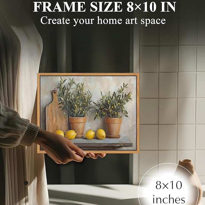 Floating Framed Vintage Kitchen Wall Art, Yellow Lemon Still Life Wall Decor Oil Paintings, Rustic Farmhouse Artwork Canvas Posters Prints Pictures for Living Room Bedroom Home Decor 8x10 Inch