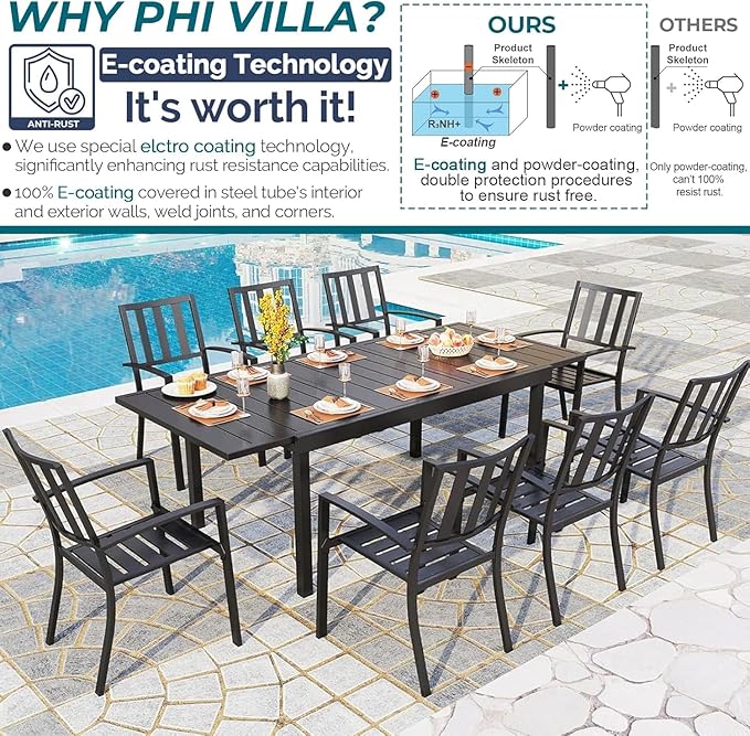PHI VILLA 7 Pieces Outdoor Dining Set for 6, Expandable Rectangular Metal Dining Table & Stackable Wrought Iron Chairs, Large Furniture Set for Patio, Deck, Yard, Porch