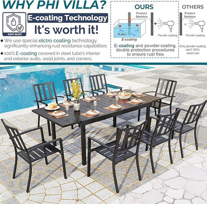 PHI VILLA 7 Pieces Outdoor Dining Set for 6, Expandable Rectangular Metal Dining Table & Stackable Wrought Iron Chairs, Large Furniture Set for Patio, Deck, Yard, Porch