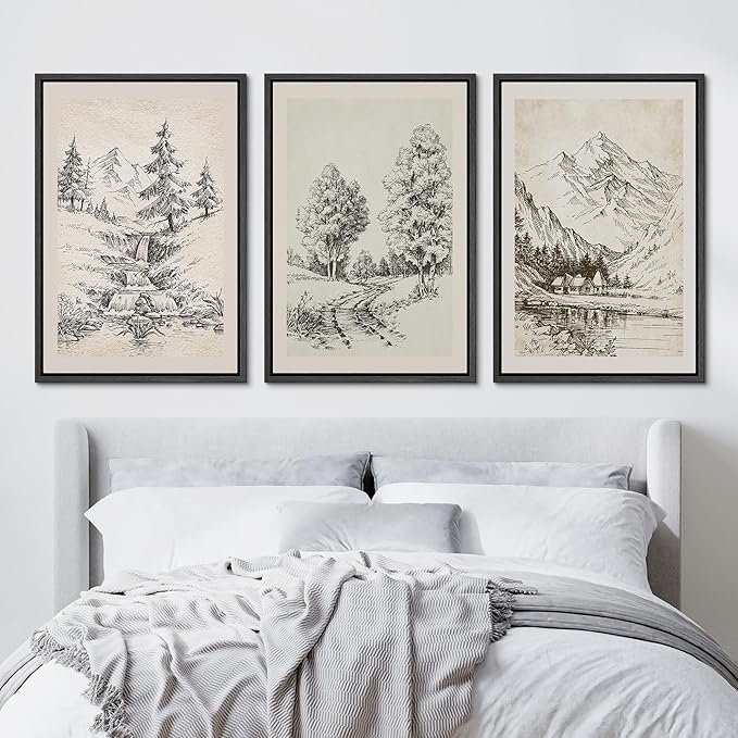 Ashbrook Framed Canvas Print Wall Art Set Vintage Country Forest Landscapes Nature Wilderness Illustrations Fine Art Floral Botanical Minimal Calm/Relax/Cozy for Bedroom - 16"x24"x3 BLACK