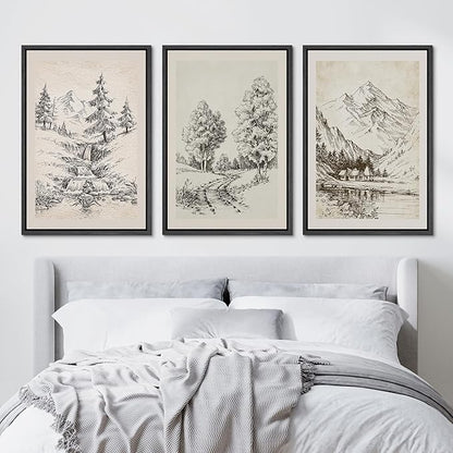 Ashbrook Framed Canvas Print Wall Art Set Vintage Country Forest Landscapes Nature Wilderness Illustrations Fine Art Floral Botanical Minimal Calm/Relax/Cozy for Bedroom - 16"x24"x3 BLACK