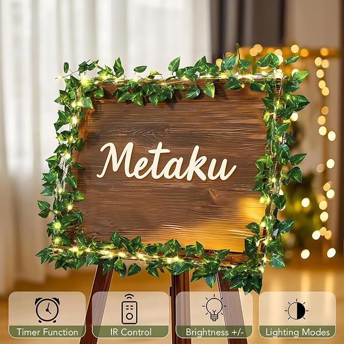 Metaku 33FT 100 LED Vine with Fairy Lights, Battery Operated Pothos String Lights with Remote, Warm White Leaf Lights for Bedroom, Room, Wall, Wedding, Garden, PartyDecor