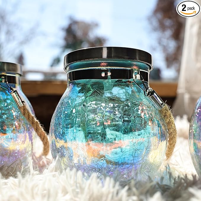Cooo Christmas Gifts 2 Pack Solar Lanterns Waterproof Outdoor Iridescent Heavy Crackle Glass a Big LED Stainless Steel Lid 215% Solar for Women Mom Grandma Outdoor Table Lamps Garden Backyard Decor
