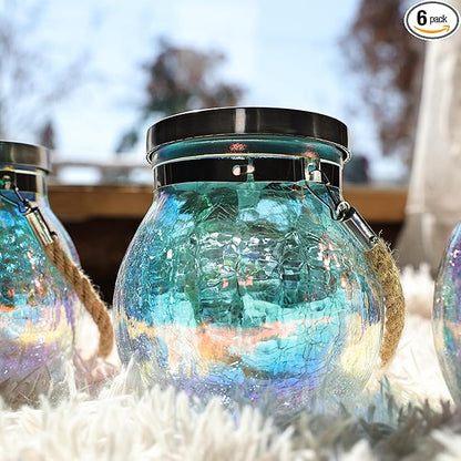 Cooo Christmas Gifts 6 Pack Solar Lanterns Waterproof Outdoor Iridescent Heavy Crackle Glass a Big LED Stainless Steel Lid 215% Solar for Women Mom Grandma Outdoor Table Lamps Garden Backyard Decor
