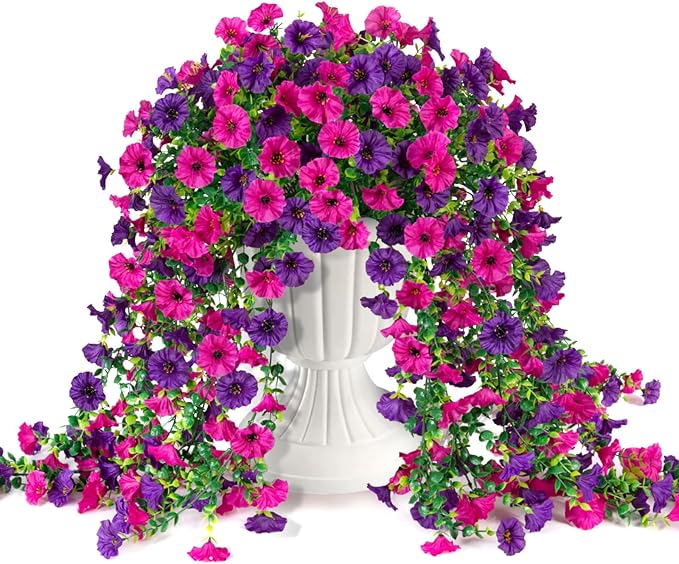 Artificial Hanging Flowers for Outdoor, 2 PCS Silk Morning Glory Faux Flowers with Eucalyptus Leaves,Realistic Hanging Plants for Wedding Home Office Garden Decor