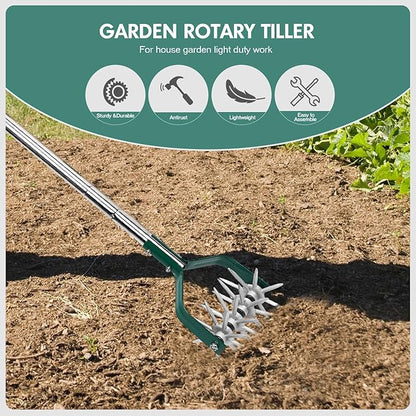 Rotary Cultivator Tiller Adjustable S/S Handle Rotary Tiller with Detachable Solid Metal Tines Garden Cultivator Lawn Tiller and Manual Tiller for Loosing and Mixing Soil