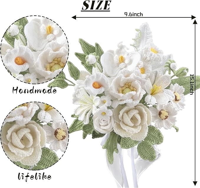 White Crochet Flowers Bridal Wedding Bride Bouquet Handmade Knitted Artificial Flowers Home Decor