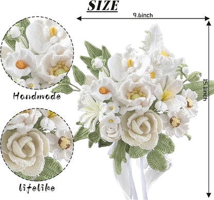 White Crochet Flowers Bridal Wedding Bride Bouquet Handmade Knitted Artificial Flowers Home Decor