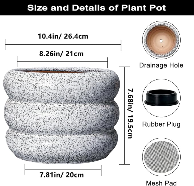SQOWL Ceramic Planter - 10 Inch Ceramic Plant Pot Indoor, Round Planter with Drainage Hole, Modern Flower Pots Outdoor, Home Living Room Garden Decor, Gardening Gifts, Black and White