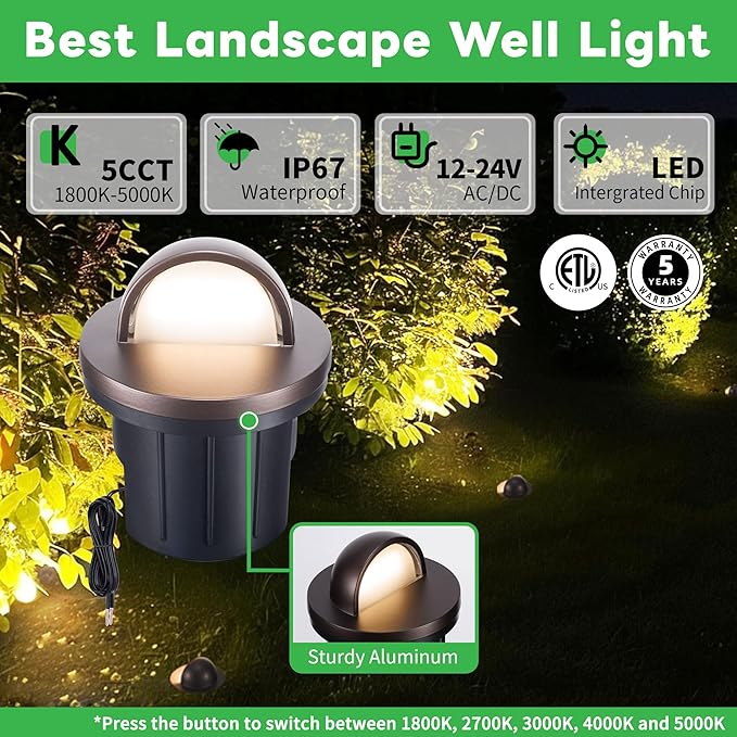Landscape Well Light, Warm-White 5 Colors Selectable LED Low Voltage In Ground Lights, IP67 Waterproof 12V Outdoor, Single Side 6W 420LM Aluminum ORB for Pathway Lawn 6 Pack