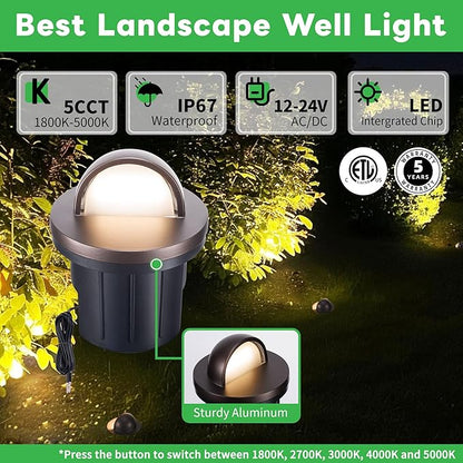 Landscape Well Light, Warm-White 5 Colors Selectable LED Low Voltage In Ground Lights, IP67 Waterproof 12V Outdoor, Single Side 6W 420LM Aluminum ORB for Pathway Lawn 6 Pack