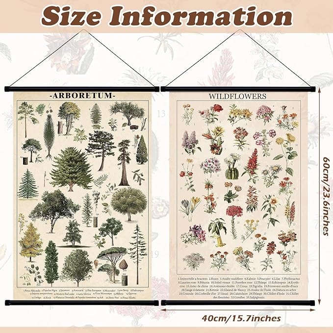 Geosar 2 Pcs Vintage Mushroom Flower Butterfly Tree Poster Fungus Rustic Wall Hanging Illustrative Reference Chart Poster for Bedroom Living Room, 15.7 x 23.6 Inch(Flower, Tree)
