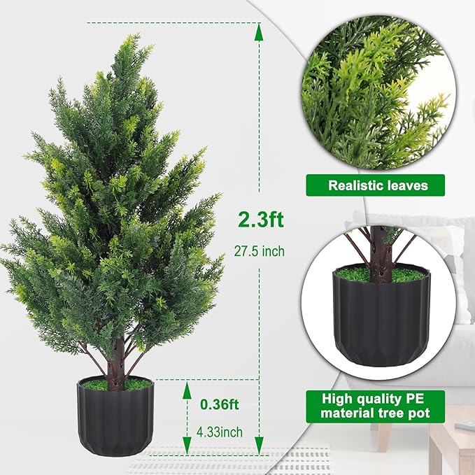 2.3FT Tall Artificial Cedar Topiary Trees Set of 2, Artificial UV Resistant Potted Plants, Faux Bushes Fake Shrubs for Outdoor Indoor Home Entryway Front Porch Garden Patio Offices Living Room Decor
