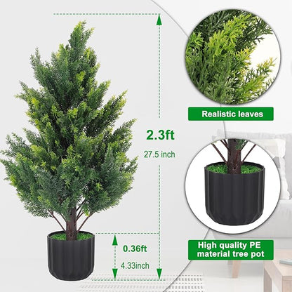 2.3FT Tall Artificial Cedar Topiary Trees Set of 2, Artificial UV Resistant Potted Plants, Faux Bushes Fake Shrubs for Outdoor Indoor Home Entryway Front Porch Garden Patio Offices Living Room Decor