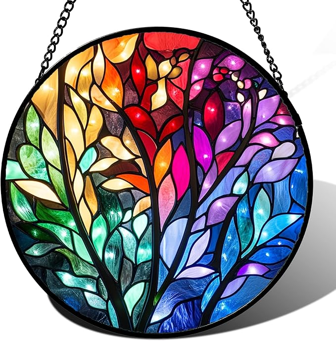 Stained Glass Window Hanging Colorful Dreamy Plant Branches and Leaves 9.8" - Suncatcher Door Garden Sun Catcher Home Decor Birthday Christmas for Mom Men Woman Nana