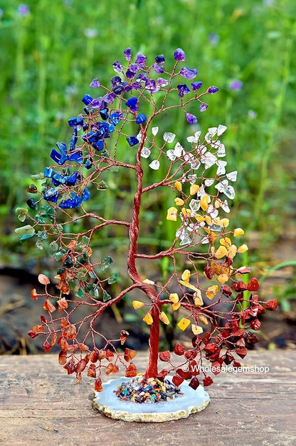 Seven Chakra Crystal Gem Tree with Natural Agate Slice Base – Handmade Wire Tree for Energy Healing, Meditation & Home Decor