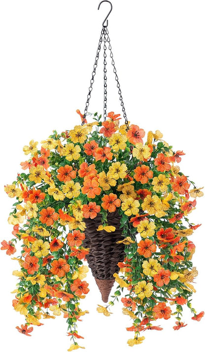 HyeFlora Artificial Flowers for Outdoors Decoration, 2Pcs Fake Hanging Spring Decor, Yellow and Orange Realistic Plants, UV & Fading Resistant Silk Flower for Porch Patio Balcony Planter Yard