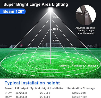 300W LED Flood Light Outdoor, 5700K Daylight LED Stadium Flood Lights, 45900LM Exterior Parking lot Area Lighting, IP65 Waterproof for Stadium, Arena, Parking Lot 120-277VAC, UL&DLC Listed