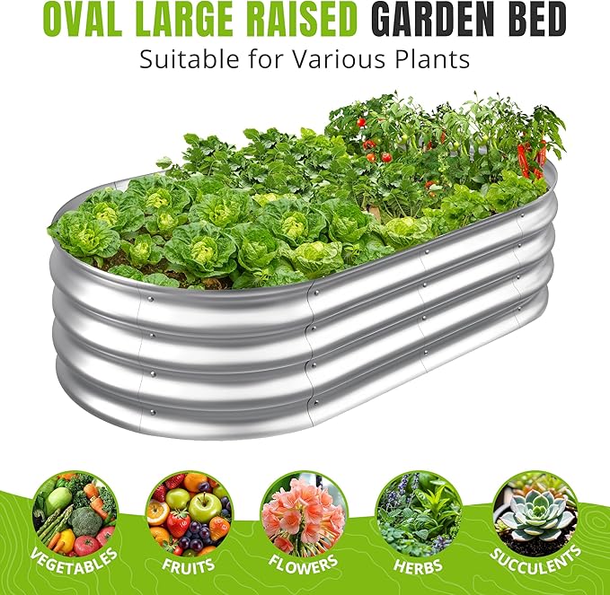Sponvatt Raised Garden Bed - Outdoor Galvanized Raised Garden Bed Planter Boxes, Large Oval Metal for Gardening Planter Box Kit,Suitable for Vegetables,Herbs, and Flowers Silver (6x3x1 Ft)