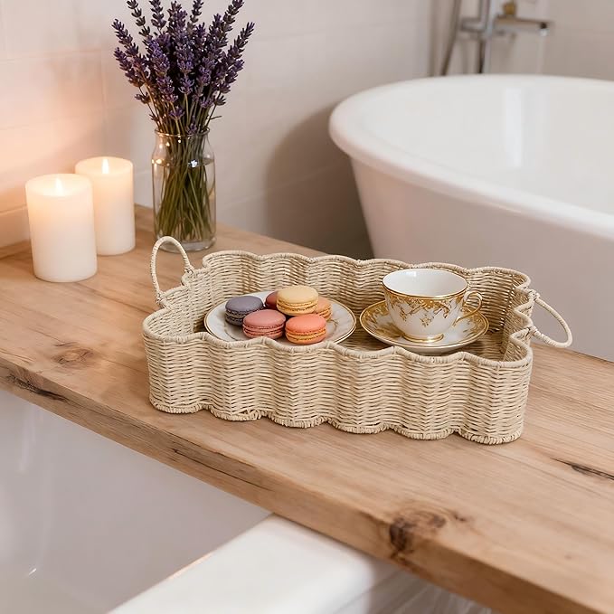 Scalloped Rattan Tray Basket,17"*12"*4" Super Hard Rectangle Hand Woven Wicker Serving Tray with Handles, Seagrass Decoratve Tray for Coffee Table (Rattan-Off White-17 * 12 * 4")