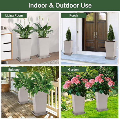 Set of 2 Tall Planter, 21 inch Large Plastic Planter with Drain Hole & Saucers, Large Outdoor Planters for Porch, Garden, Patio, Balcony(Gray Dot)