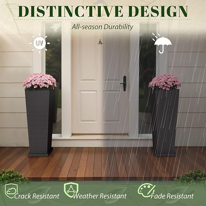 JUMMICO Set of 2 Resin Rattan Tall Planters for Outdoor Plants, Large Tapered Planters with Drainage Holes, Inner Trays and Outer Saucers, Flower Pots for Garden, Patio, Porch, Backyard (Black, 32")