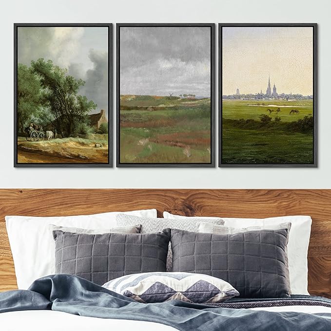 Ashbrook Framed Canvas Print Wall Art Set Farmhouse Country Nature Wilderness Illustrations Fine Art Decorative Floral Botanical Vintage for Living Room, Bedroom, Office - 16"x24"x3 Black