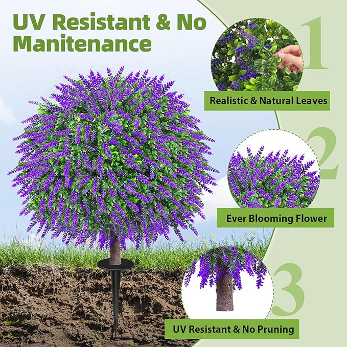 27.5" Artificial Lavender Boxwood Topiary Ball Trees, Set of 2 Fake Shrubs Bushes with Ground Spike, UV Resistant Faux Evergreen Tree for Front Porch Outdoor Garden Decor
