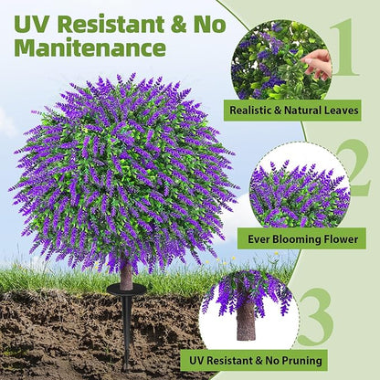 27.5" Artificial Lavender Boxwood Topiary Ball Trees, Set of 2 Fake Shrubs Bushes with Ground Spike, UV Resistant Faux Evergreen Tree for Front Porch Outdoor Garden Decor
