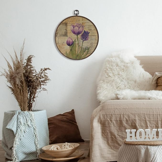 XNXLDYLH Vintage Purple Flower Round Framed Wall Art Decor, Rustic Retro Earthy Floral Bathroom Hanging Wall Decor Decorations, Botanical Tulip Canvas Prints Wall Art Pictures Paintings, 10x10 Inch