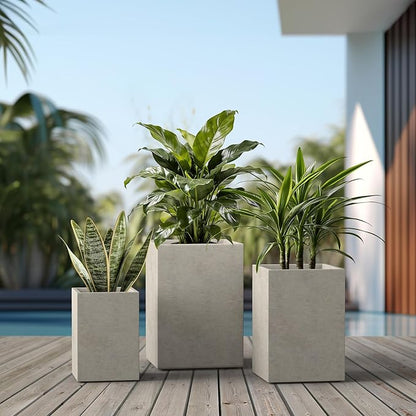 Kante 18.5",15.7",12.6" H Tall Rectangular Concrete Planters Set of 3, Outdoor Indoor Lightweight Plant Pots with Drainage Hole and Rubber Plug, Modern Style for Home Garden Patio, Weatheted Concrete