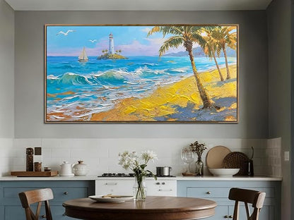 Brushart Beach Nautical Wall Art for Living Room Large Coastal Bedroom Pictures Paintings Wall Decor Ocean Textured Artwork for Dining Room Walls Home Office, Framed 48"x24"