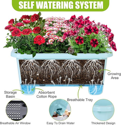 Self-Watering Rectangle Planter Boxes 8-Pack, 15.7-Inch Window Box Planter with Drainage Holes & Trays, Pots for Vegetables, Herbs, Flowers, Garden Windowsill Balcony (Sky Blue)