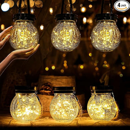 Cooo Christmas Gifts 4 Pack Solar Lanterns Waterproof Outdoor Heavy Crackle Glass 30 LED Warm Firefly Lights Stainless Steel Lid 215% Solar for Women Mom Grandma Outdoor Table Lamps Garden Yard Decor