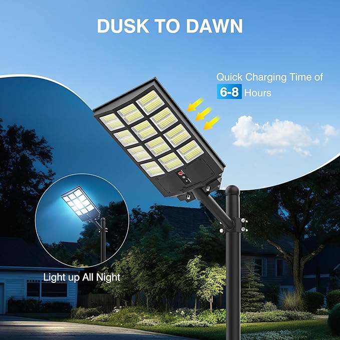 5000W Solar Street Light, Wide Angle Solar Lights Outdoor IP66 Waterproof, 6500K Dusk to Dawn, LED Security Flood Light with Motion Sensor and Remote Control for Residential Yard (2 Pack)